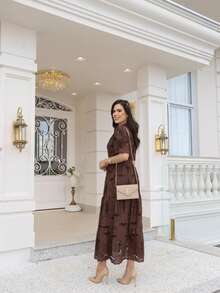 Women's Elegant Floral Embroidered Lace Midi Dress, 100% Cotton, With Puff Sleeves, Front Buttons And Full Skirt - Romantic And Sophisticated Look, Summer 2025 - 鏽棕色 - 查看 4