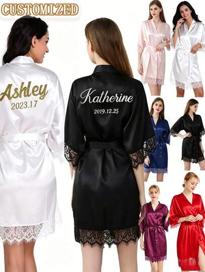 Customized Personalized Satin Bridal Short Sleeve Robe, Customized Bridal & Bridesmaid Wedding Robe, Personalized Satin Robe, Customized Bridal Robe, Bridesmaid Getting Ready Robe, Wedding Party Robe, Lace Trim Robe, Customized Name Robe, Bridal Robe Gift, Bridal Party Gift, Silky Loungewear, Bridal Party Matching Silky Loungewear Gift, Getting Ready Robe