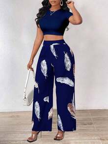 Conjunto de 2 piezas para mujer con top corto de unicolor y pantalones largos con estampado de plumas - Azul - Ver 5