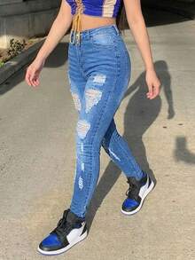 Women's Sexy Distressed Skinny Jeans, Long Length, Medium Stretch, Zipper Closure, Y2K Style - Medium Wash - View 5