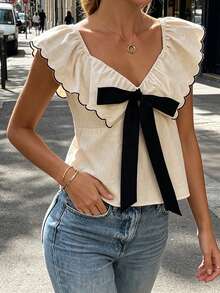 Womens Summer Blouses Casual Stylish Tie Bow Front Ruffled V Neck Sleeveless Tops - Apricot - View 5