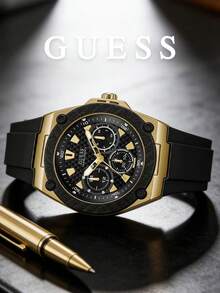 Guess 男士計時碼錶，金色調，黑色矽膠錶帶，碳纖維圖案，多功能，奢華時尚商務休閒週末旅行夜店派對，送給男朋友、丈夫、兄弟的理想禮物，生日、週年紀念 - 黑色 - 查看 4