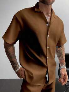 Set de 2 piezas Conjunto de verano para hombres, camisa de lino cubano ligera y transpirable y conjunto de pantalones cortos con cordón, estilo caballero vintage casual para playa, boda, fiesta, vacaciones, regalo del Día del Padre para esposo, papá, novio, cómodo y versátil - Marrón - Ver 8
