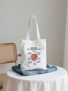 1pc Anatomy Of A Booktrot Canvas Tote Bag, "Would Rather Be Reading" Design With Brain Heart Book Lover Traits, White Bookworm Humor Bag For Library School Commute, Gifts For Readers Book Lovers Women Men - Multicolor - View 7