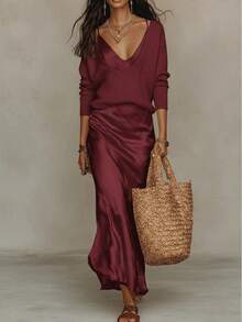 Women's Apricot Two-Piece Co-Ord Set, Deep V Knit Sweater & Satin Slip Dress, Casual Elegant Outfit For Daily, Home & Leisure - 勃根地套裝 - 查看 12