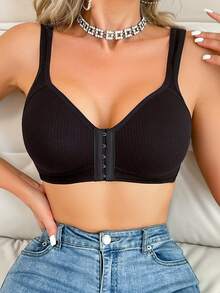 2pcs Wire-Free Front-Closure Bra - With Fixed Padding - Designed For C-E Cups | Natural Shape - Black - View 4