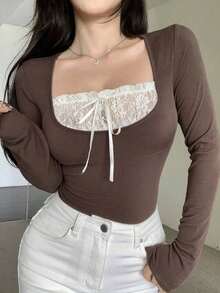 Camiseta de manga corta con bloques de color para mujer, Tops cortos para mujer, Tops lindos para mujer - Marrón - Ver 9