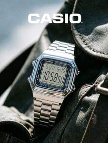 CASIO 日常復古必備款：中性不鏽鋼數位手錶，方形銀色錶盤，30M 防水，附鬧鐘、秒錶、螢光顯示 A178WA-1A - 銀色 - 查看 7