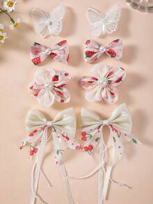 8/8/16pcs Girls Multicolor Tulle Chiffon Fabric Faux Pearl Flower Hair Clips Bow Tassel Ribbon Hair Accessories Headwear Top Clip Back Clip Side Clip Alligator Hair Clip For Daily Use - Multicolor - View 5