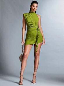 Vestido con hombro asimétrico, pliegue y arrugado, con decoración de flor 3D para damas - Verde - Ver 7