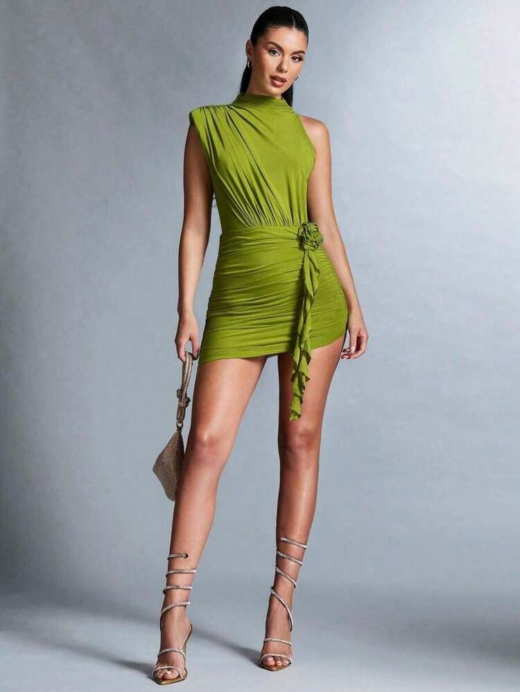 Vestido con hombro asimétrico, pliegue y arrugado, con decoración de flor 3D para damas - Verde - Añade 7