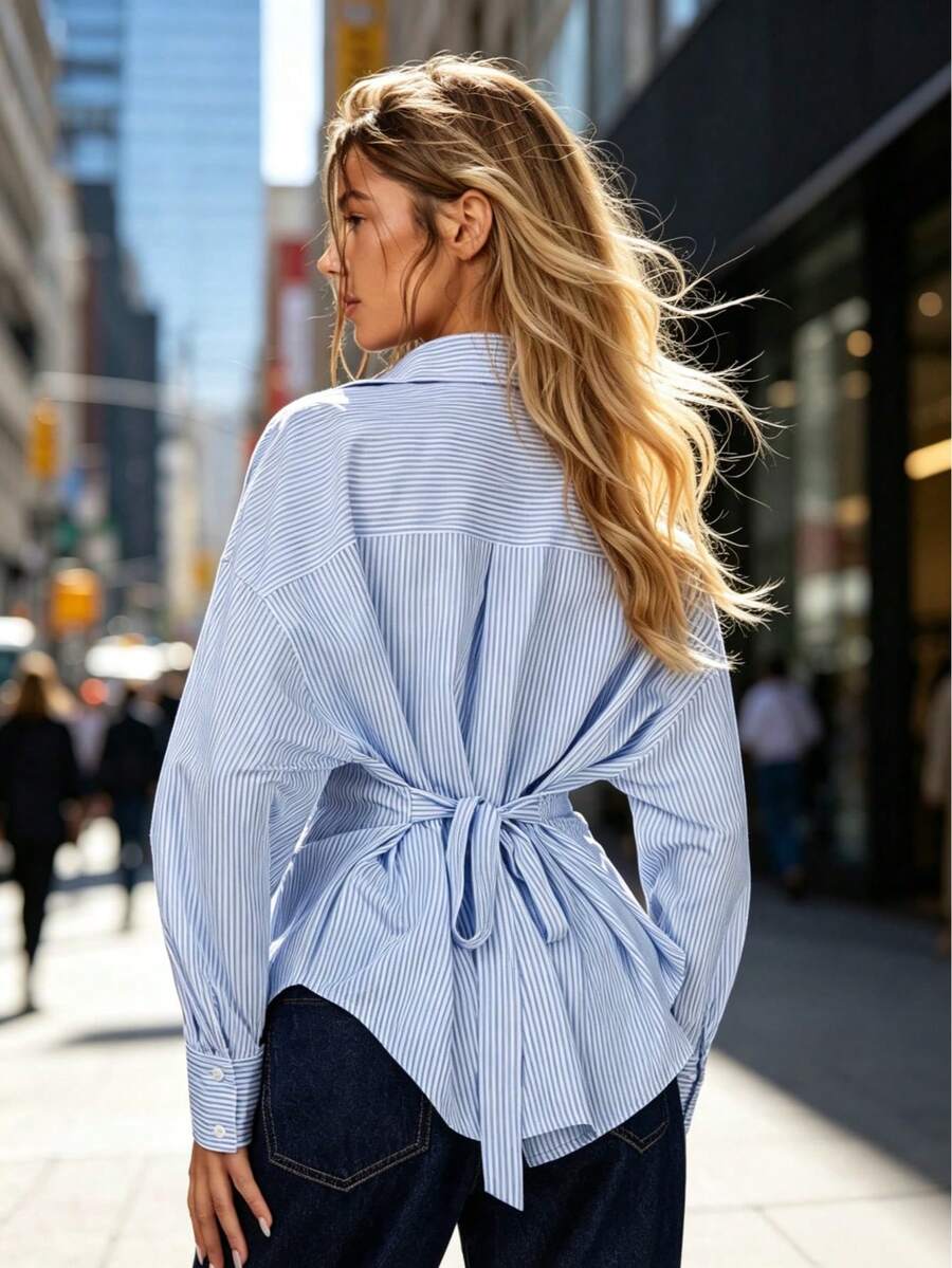 Blue & White Striped Cinched Waist Back Blouse, Casual Loose Fit Long Sleeve Top For Commuting Spring - Blue and White Stripes - View 1
