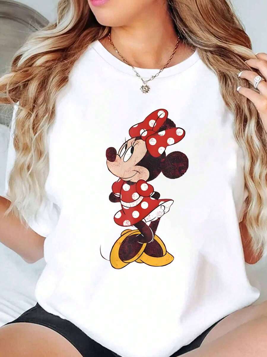 Minnie Mouse Character Print Disney Women T Shirt Round Neck Short Sleeve Casual Everyday Wear Holiday Gift Soft Comfortable 220g - White - View 1