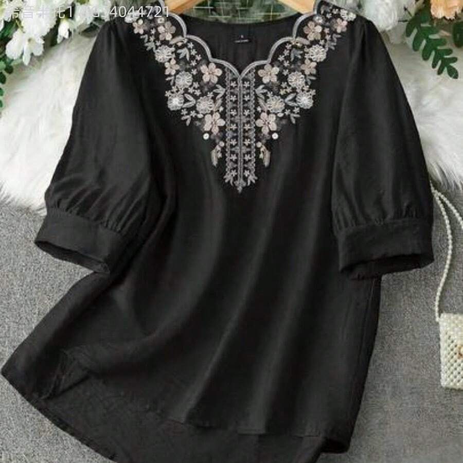 MewMuse. Camisa casual con mangas abullonadas y bordado floral para mujer - Negro - Ver 1