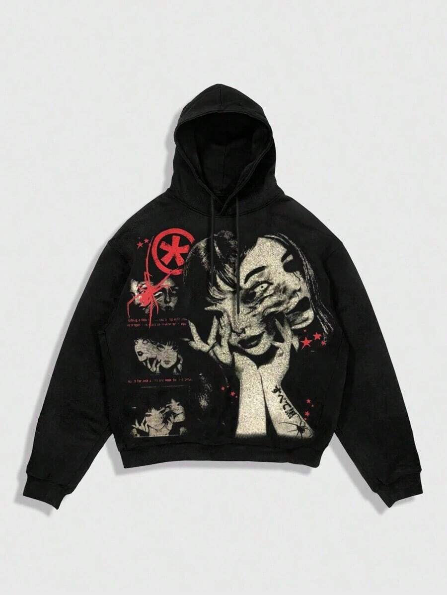 Anime Men's Minimalist Graphic Print Hoodie Sweatshirt - 黑色 4 - 查看 1
