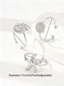 Set Of 3 Summer Beach Rings With Starfish, Shell And Scallop, Women's Jewelry Accessories For Vacation And Travel, Gift - 銀 - 查看 3