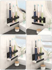 1 pieza Soporte para cepillo de dientes, Organizador de cepillo de dientes eléctrico, Caja de almacenamiento de 3 ranuras para el baño, Soporte multifuncional para cepillo y pasta de dientes - Accesorio de ducha esencial - Negro - Ver 4