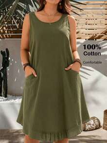 EMERY Vestido de verano casual de talla para mujer, de color verde militar sólido, sin mangas, con volantes en el bajo y parches de encaje en la espalda - Multicolor - Ver 8