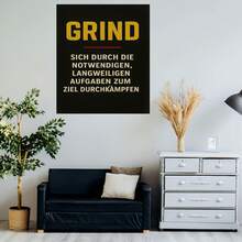 Póster motivacional alemán de 1 pieza con letras GRIND - Arte de pared en lienzo enmarcado vertical dorado sobre negro - Frase en alemán adecuada para decoración del hogar, oficina, sala de estar - Impresión de texto rústico moderno, instalación con gancho - Enmarcado - Ver 5