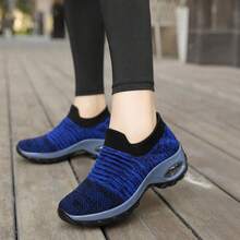 Women's Ribbed Knit Slip-On Athletic Shoes With Air Cushion, Thick Sole Wedge Walking Shoes - Rs1839 Blue - View 6