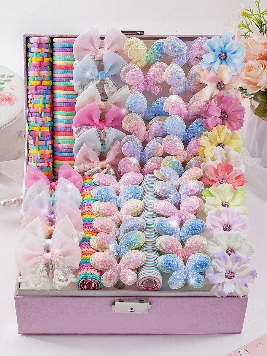 178pcs Macaron Sweet Dreamy Girly Hair Accessories Set, Includes Tulle Lace Bow Hair Clips, Glitter Double-Layer Butterfly Hair Clips, Faux Multi-Layer Flower Hair Clips, Suitable For Daily Wear, Spring Outing, Parties - Multicolor - View 1