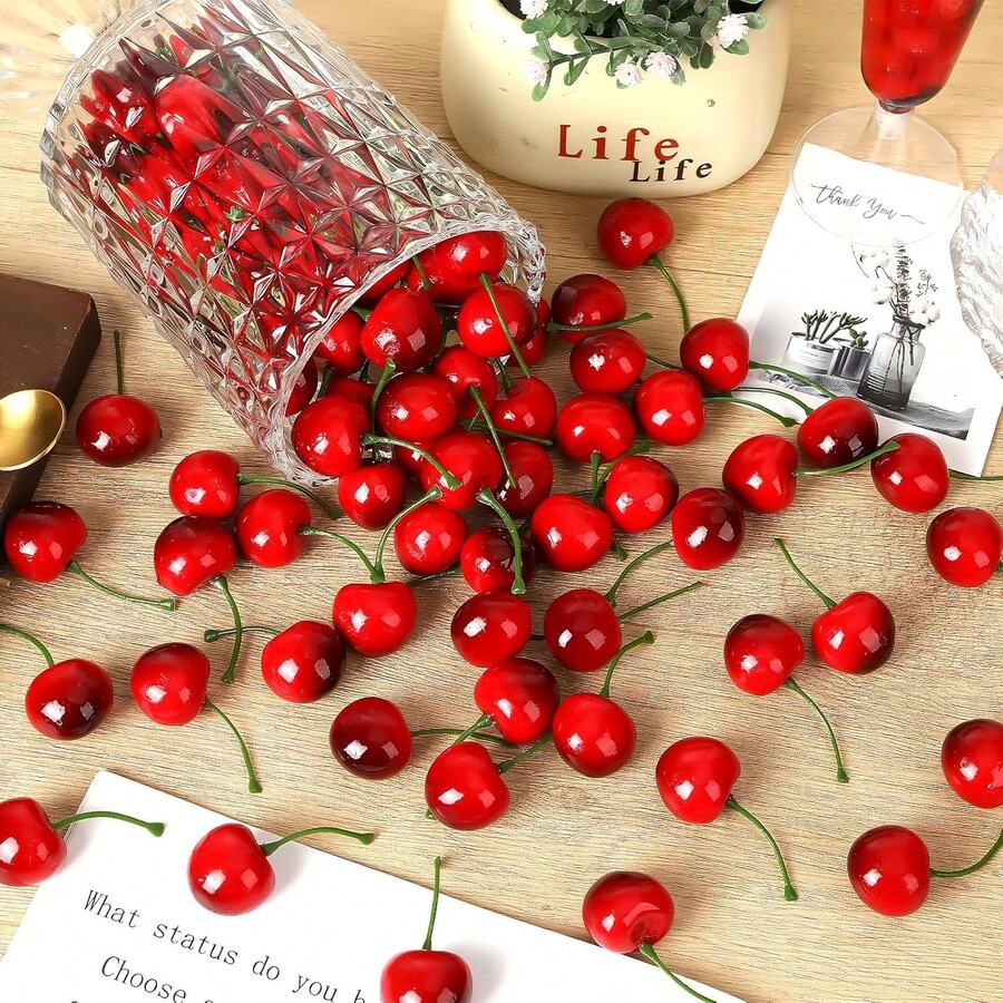 50pcs Artificial Cherry Decor, Suitable For Home, Kitchen, Party Decoration And Office Desk - Black and Red - View 1
