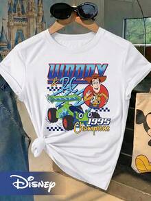 Disney Toy Story Woody And RC Racer 1995 Champion Themed Short-Sleeve T-Shirt. Features Woody's Cowboy Design And RC Racer Green Remote-Controlled Car Cartoon Print. Versatile And Stylish Round-Neck Short-Sleeve Tee For Family Outings - White - View 1