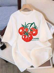 1 Pcs Ladies Cute Casual Oversized Graphic Tee, 100% Pure Cotton White Top, Fresh Retro Tomato Slogan Print, Spring Summer Streetwear For Vacation Tea Party Airport Look - 白色 - 查看 4