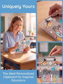 1pc Personalized Custom Teacher Clipboard, Customized Name Transparent Acrylic Board With Metal Clip, Cute School Supplies Doodle, Transparent Rainbow And Apple Design, Unique Teacher Appreciation Gift, Suitable For Classroom Decoration, Lesson Plans And Daily Use - Multicolor - View 6