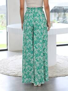 Women's Wide Leg Trousers With Elastic Waist And Print - Green and White Flowers - View 2