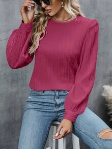 Áo kiểu nữ tay phồng cổ tròn kẻ sọc màu trắng, thích hợp cho mùa thu xuân. - Màu Hoa hồng đỏ - Xem 4