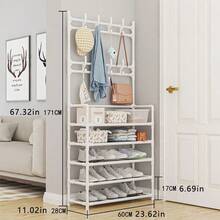 Estantería multifuncional de 4/5 niveles de hierro para zapatos y abrigos, con 8 ganchos, fácil montaje, estantería de almacenamiento resistente, mueble de entrada ahorra espacio - Multicolor - Ver 5
