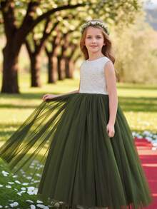 Tween Girl White Lace Patchwork Contrast Color Mesh Sleeveless Dress, Flower Girl Wedding Party Formal Gown - Dark Green - View 7