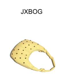 Tas Minimalis Warna Kuning Bentuk Bulan Sabit, Tas Komuter dengan Dekorasi Rivet Emas, Tas Bahu dengan Tali Simpul Rivet Emas, Tas Selempang Kulit Lembut Warna Kuning untuk Perjalanan Sehari-hari - Kuning - View 5