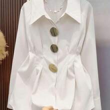 Blusa de manga raglán con hebilla metálica decorativa de estilo vintage, casual bohemio de negocios, adecuada para bodas, fiestas, vacaciones, San Valentín, Año Nuevo, color albaricoque primaveral - Beis - Ver 1