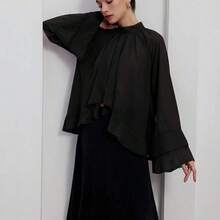 Aveloria  Blusa elegante y lujosa de gasa con volantes y capas en tonos púrpura-rojo para mujeres - Verde - Ver 5