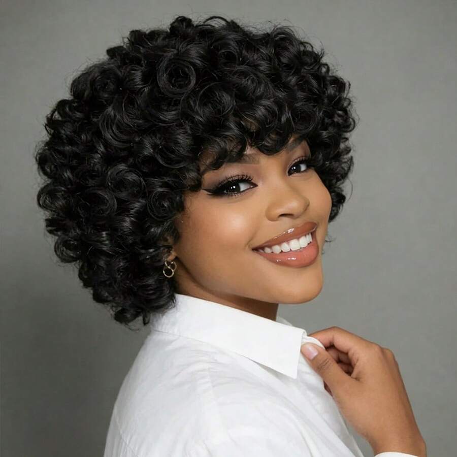 Layered Short Loose Curly Pixie Cut Human Hair Wig For Women Black Colored Human Hair Wig With Bangs Remy Peruvian Human Hair Wig Elastic Net Full Machine Made Holiday Wear Party Wear