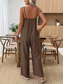 Mono ancho de pierna suelta de unicolor caqui para mujer, mono informal, mono de pierna ancha, mono para vacaciones, mono informal para mujer - Marrón - Ver 5