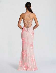 Shiny Floral Embroidered Elegant Sexy Semi-Sheer Backless Floral Mesh Party Dress, Suitable For Formal Occasions Like Anniversary, Graduation, Gala - Baby Pink - View 4