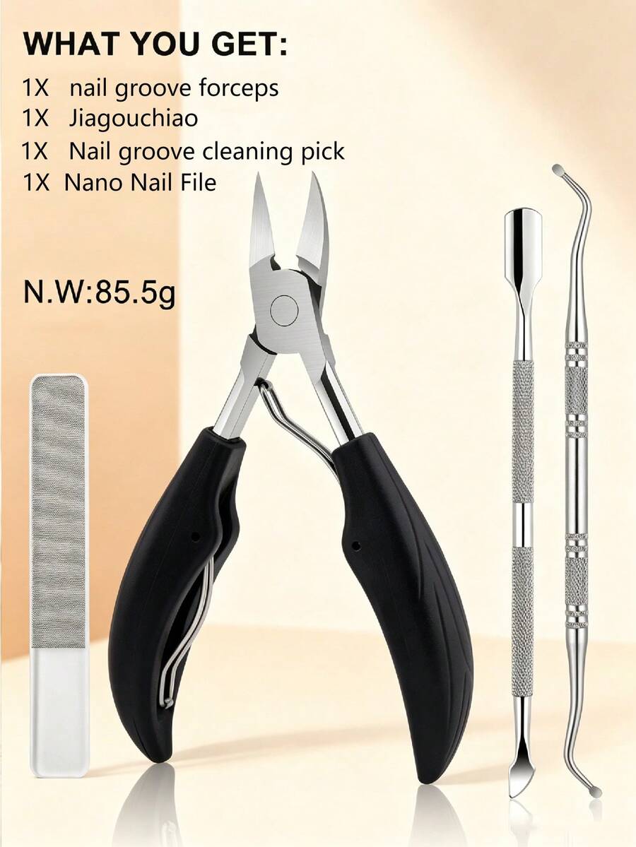 Bộ dụng cụ chăm sóc móng chân mọc ngược 4 món bằng thép không gỉ, bao gồm dụng cụ đẩy biểu bì, dũa móng, dụng cụ làm móng tay và móng chân. - màu đen - Xem 1