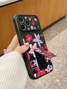 1pc Lily Floral Print Magnetic Stand Phone Case, Covers, "Enjoy Your Life" Slogan Design, Integrated Stand Black Matte Anti-Drop TPU Protective Cover, With Raised Camera Protection, Hands-Free For Watching Shows / Video Calls, Fresh Floral Style, Ideal For Daily Use Or Birthday / Valentine's Day Gift, Phone Accessories, Quick Ship, Compatible With IPhone Cases& Galaxy Cases, Compatible With Iphone 17 - Black - View 7