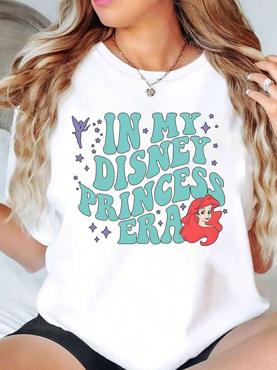 In My Disney Princess Era Ariel And Fairy Print Disney Women T Shirt Round Neck Short Sleeve Casual Everyday Wear Summer Holiday Soft Comfortable 220g - trắng - Xem 1