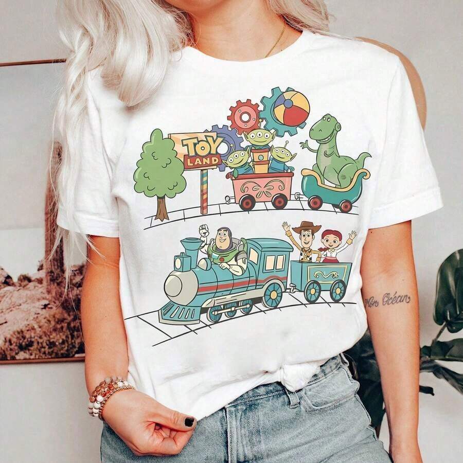 Disney 1PC Licensed "Toy Land Train Ride Toy Story Characters" Cartoon Printed Oversized T-Shirt, Short Sleeve Tee Disney 100% Cotton T-Shirt - White - View 1