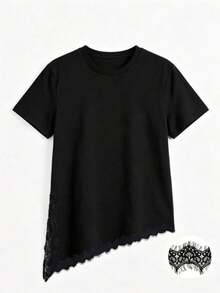 Camiseta de mujer de punto de unicolor con encaje en contraste, asimétrica/asimétrica, adecuada para el hogar, uso diario, vuelta al colegio, fiesta, primavera/verano - Negro - Ver 3
