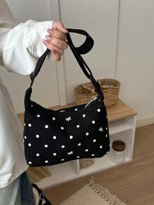 New Polka Dot Bow Embroidery Canvas Tote Bag Women's Multi-Purpose Daily Shoulder Bag - Black - View 6