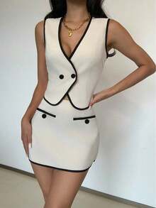 PETITE 2 Piezas Set: Top de chaleco color albaricoque casual y elegante, falda ajustado tejida de cintura alta, conjunto de cumpleaños con lazo en la espalda para mujer, vestido blanco, ropa de mujer, vestidos cortos de mujer, vestidos de verano, vestidos elegantes de mujer - Albaricoque - Ver 6
