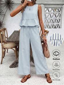 Conjunto casual de 2 piezas con blusa plisada de unicolor y pantalones de pierna ancha para mujer - Celeste - Ver 1