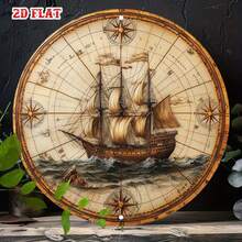 2D Flat Vintage Metal Sign - Old World Map, Detailed Sailing Ship, Framed Wall Art, Suitable For Living Room Decor, Ideal For Expressive Zones, Indoor Use, New Year Gift, 19.81x19.81cm, Coastal Home Decor, Perfect For Room Decoration (Random Hole Position) - A - View 10