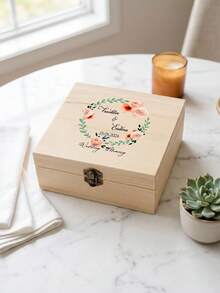 1pc Custom Wedding Memory Box, Personalized Couple Name & Date Wooden Keepsake Box With Floral Wreath Design, Ideal For Storing Wedding Cards - Multicolor - View 12