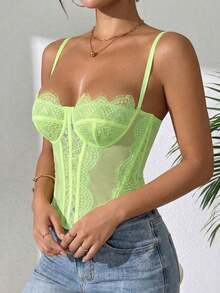 1 Piece Women's Lace Trim Fitted Crop Top, Sexy Tight Corset Top, Suitable For Party, Travel, Gathering, Christmas, Valentine's Day, Casual Summer, Black - 淺綠色 - 查看 3